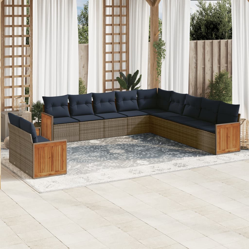 11-tlg. Garten-Sofagarnitur mit Kissen Grau Poly Rattan