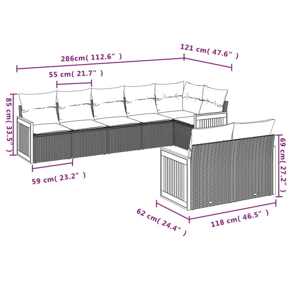 vidaXL 8-delige Loungeset met kussens poly rattan zwart afbeelding