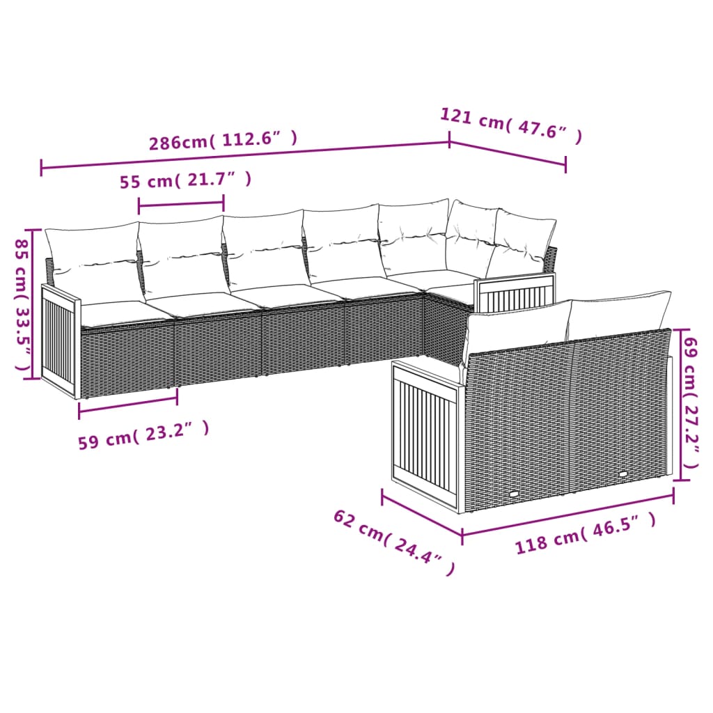 vidaXL 8-delige Loungeset met kussens poly rattan grijs afbeelding