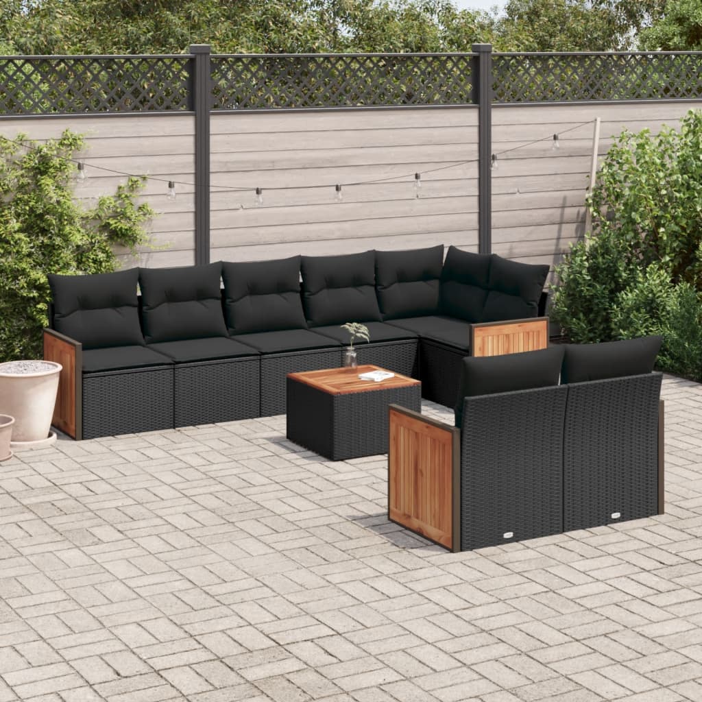 9-tlg. Garten-Sofagarnitur mit Kissen Schwarz Poly Rattan