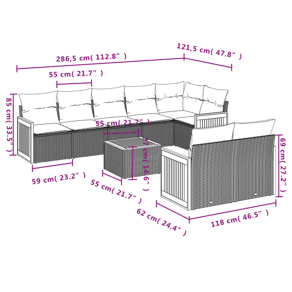 vidaXL 9-delige Loungeset met kussens poly rattan zwart afbeelding