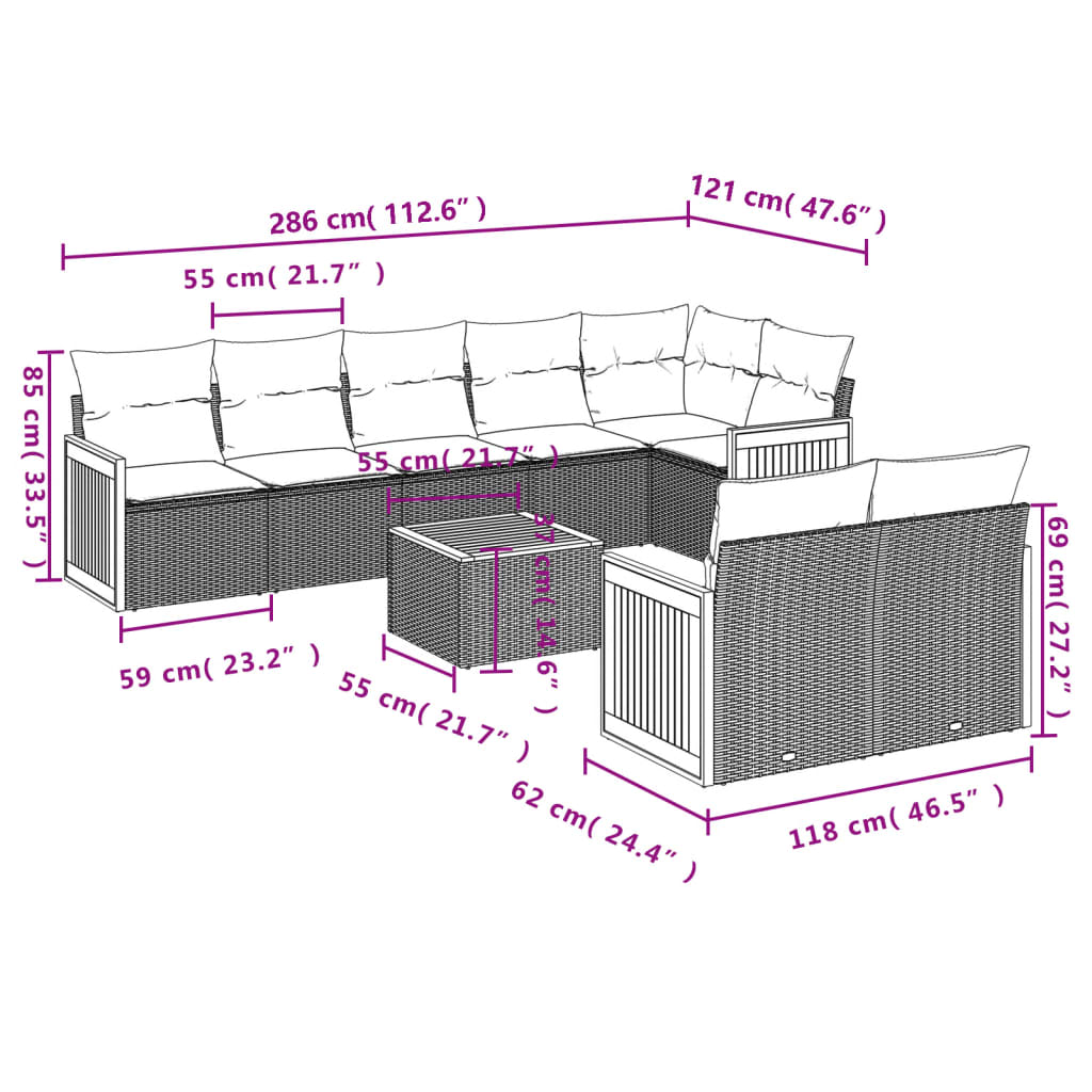 vidaXL 9-delige Loungeset met kussens poly rattan grijs afbeelding