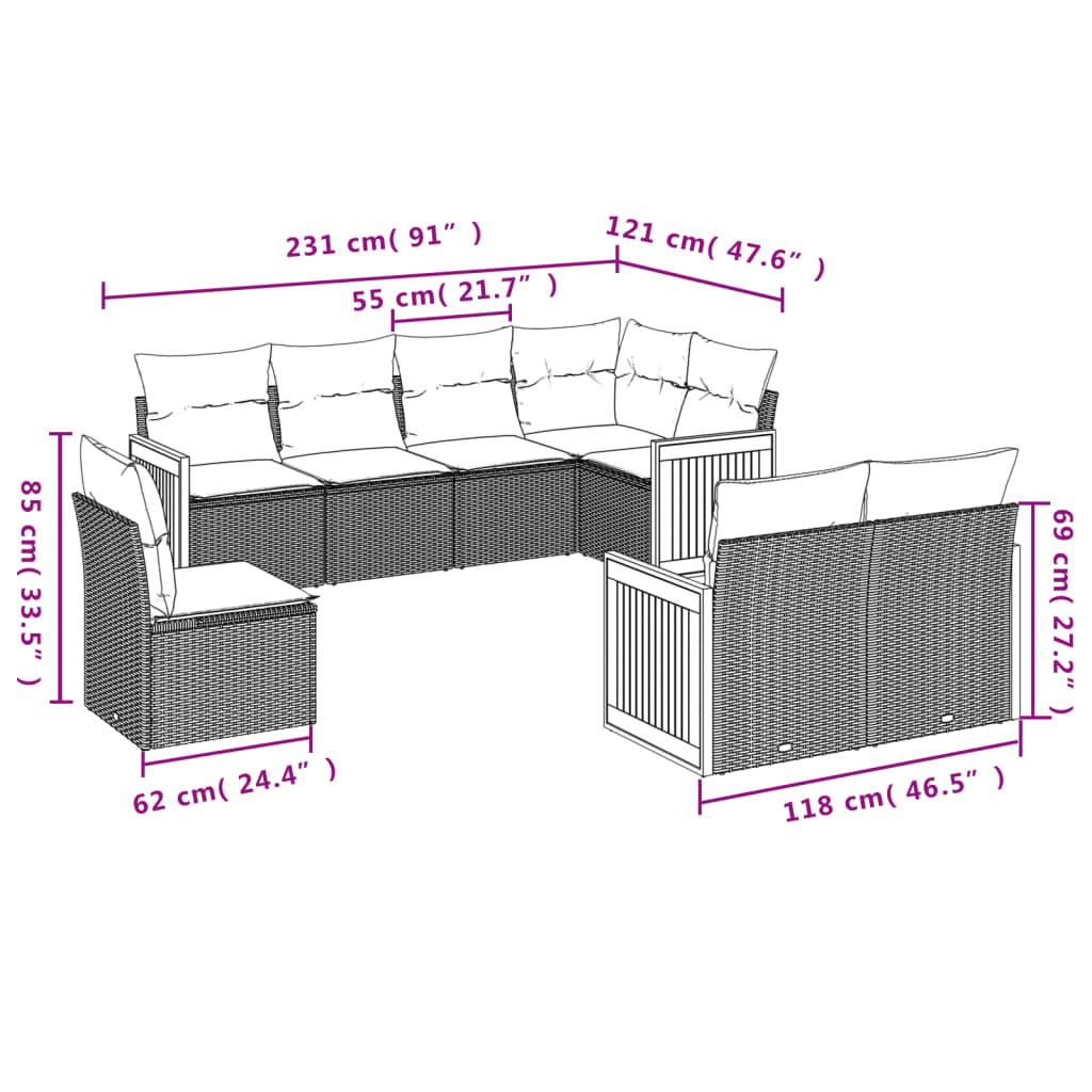 vidaXL 8-delige Loungeset met kussens poly rattan zwart afbeelding