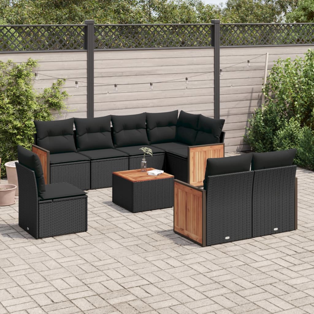 vidaXL 9-tlg. Garten-Sofagarnitur mit Kissen Schwarz Poly Rattan