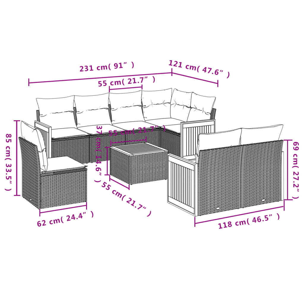 vidaXL 9-delige Loungeset met kussens poly rattan zwart afbeelding