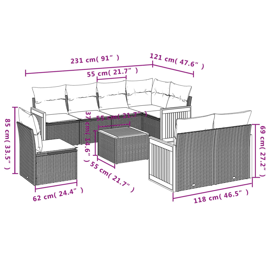 Thumbnail - vidaXL 9-tlg. Garten-Sofagarnitur mit Kissen Beige Poly Rattan