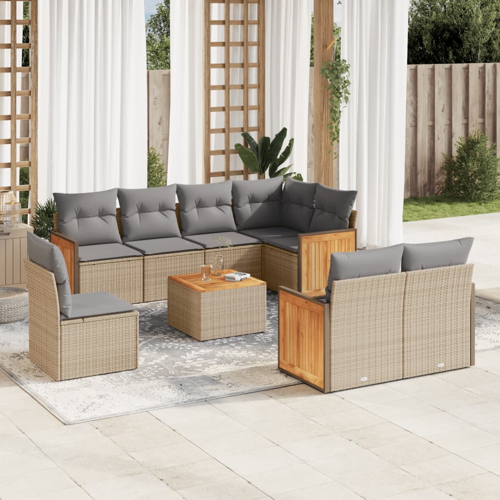vidaXL 9 pcs conjunto de sofás p/ jardim com almofadões vime PE bege