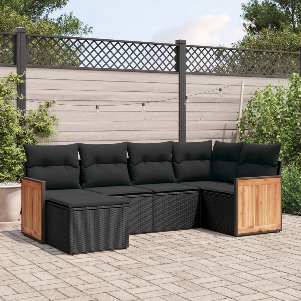 vidaXL 6-tlg. Garten-Sofagarnitur mit Kissen Schwarz Poly Rattan