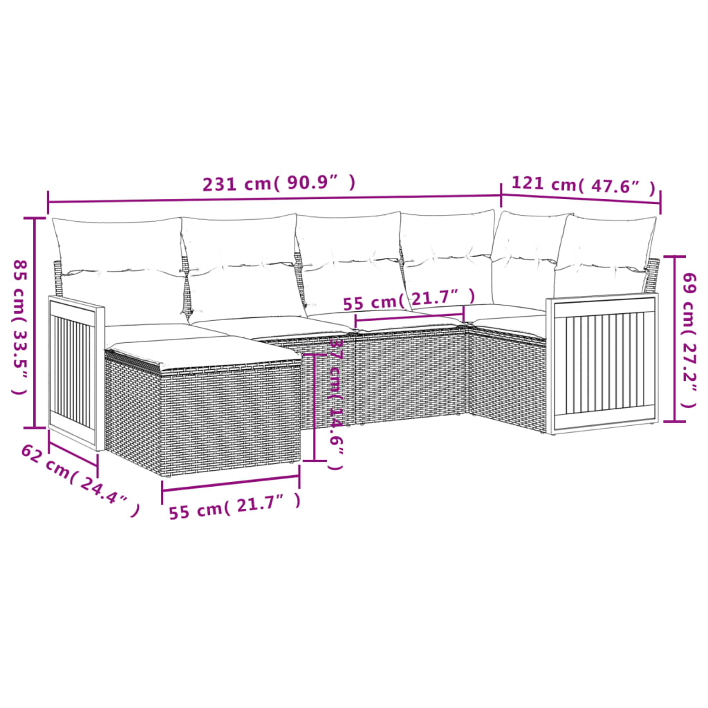 vidaXL 6-delige Loungeset met kussens poly rattan zwart afbeelding