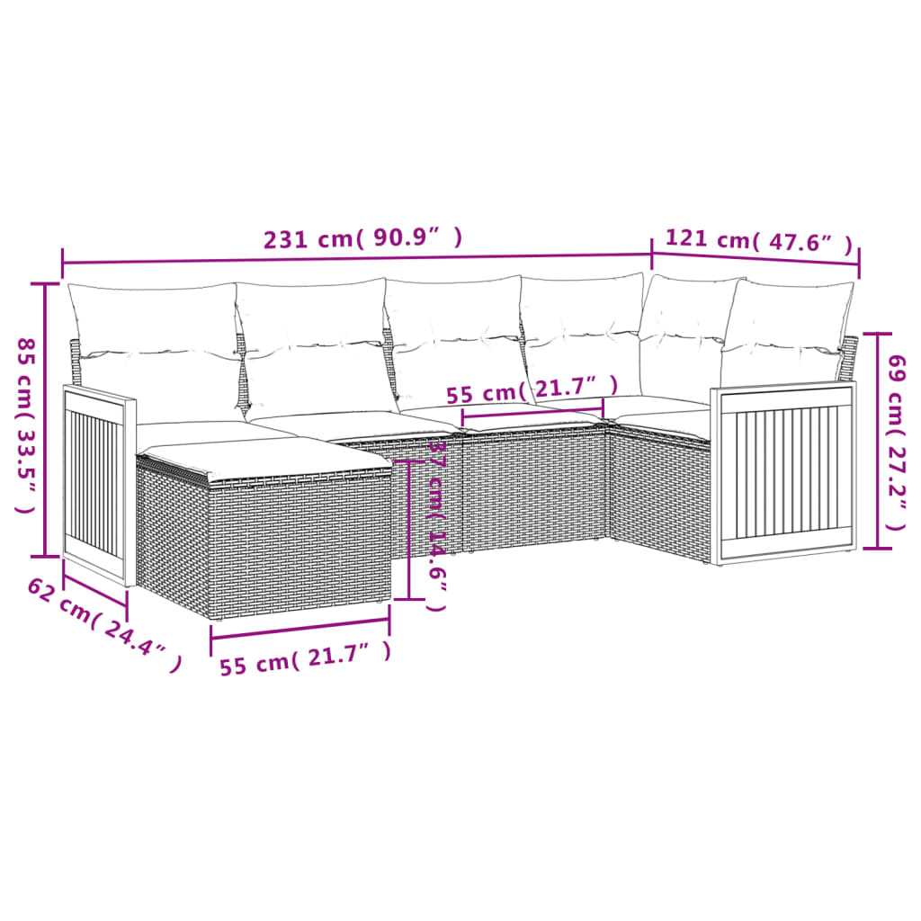 vidaXL 6-delige Loungeset met kussens poly rattan beige afbeelding