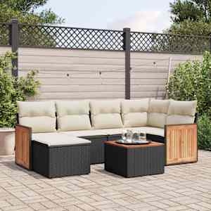 Vrtna sedežna garnitura 7-delna z blazinami črn poli ratan