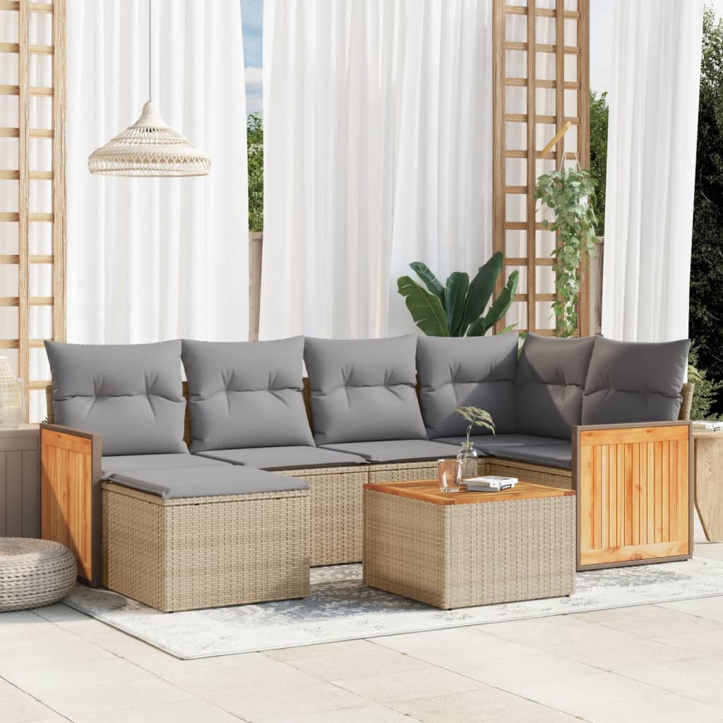 vidaXL 7-tlg. Garten-Sofagarnitur mit Kissen Beige Poly Rattan