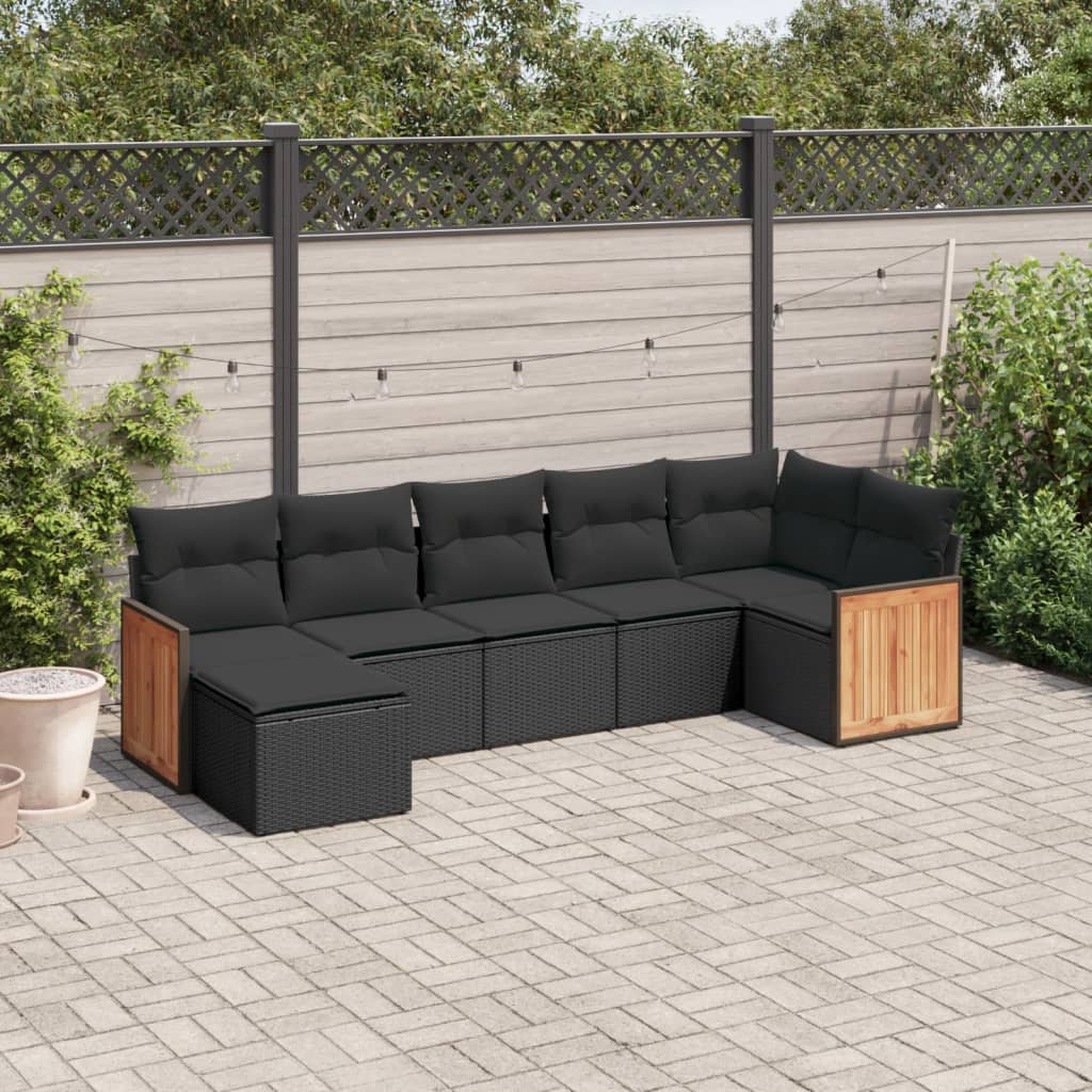 vidaXL 7-tlg. Garten-Sofagarnitur mit Kissen Schwarz Poly Rattan