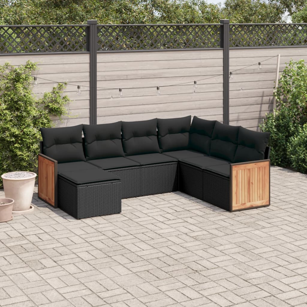 vidaXL 7-tlg. Garten-Sofagarnitur mit Kissen Schwarz Poly Rattan