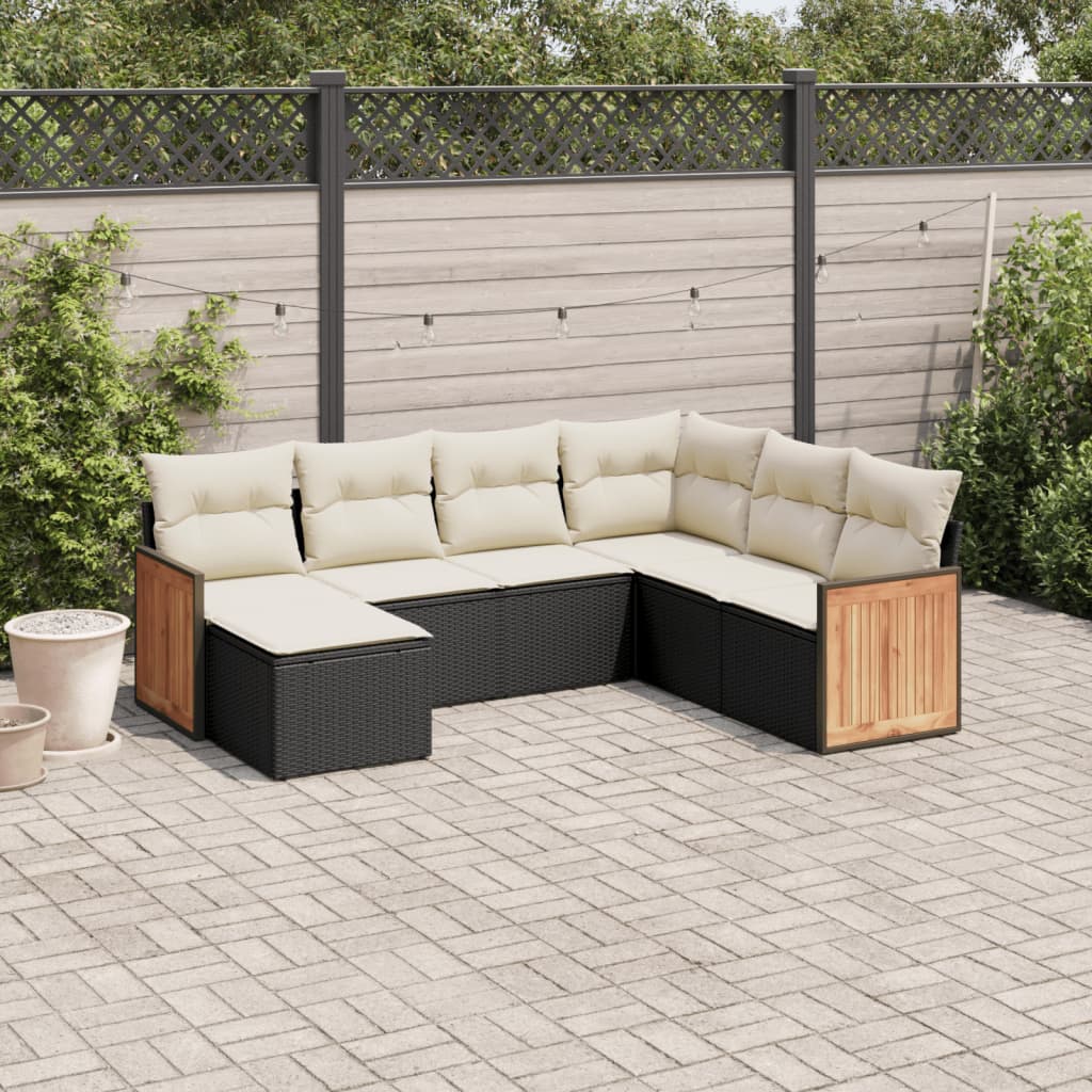 vidaXL 7-tlg. Garten-Sofagarnitur mit Kissen Schwarz Poly Rattan