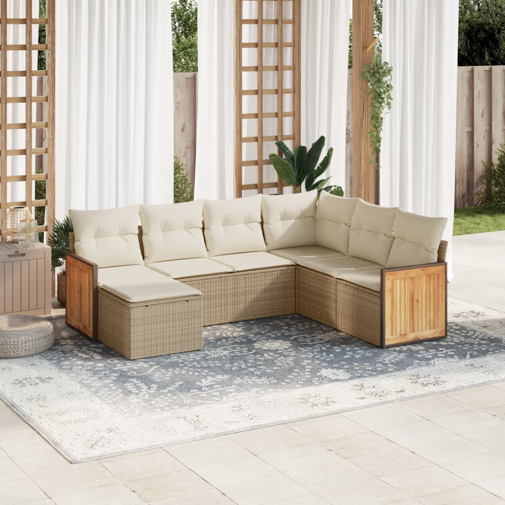 vidaXL 7-tlg. Garten-Sofagarnitur mit Kissen Beige Poly Rattan