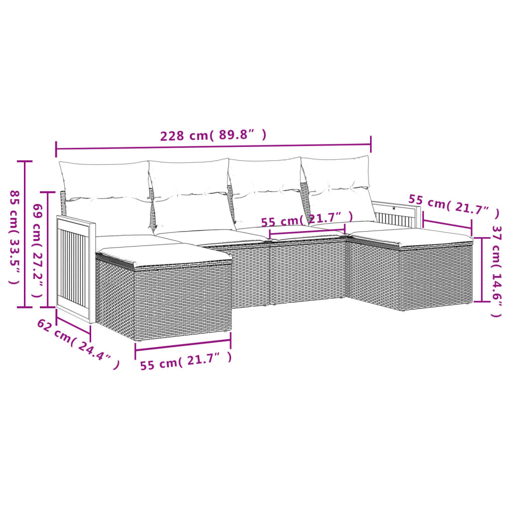 vidaXL 6-delige Loungeset met kussens poly rattan zwart afbeelding