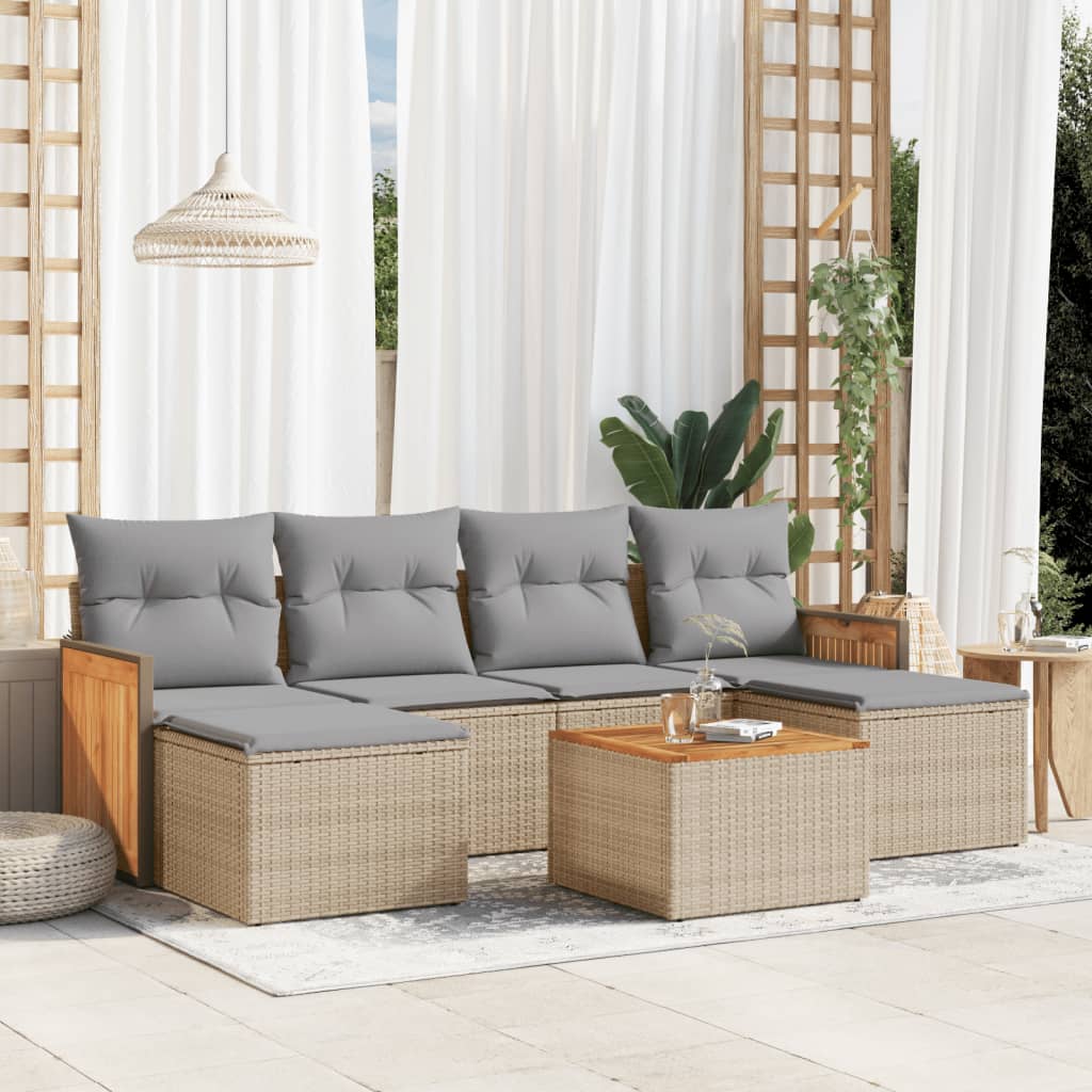 vidaXL 7-tlg. Garten-Sofagarnitur mit Kissen Beige Poly Rattan