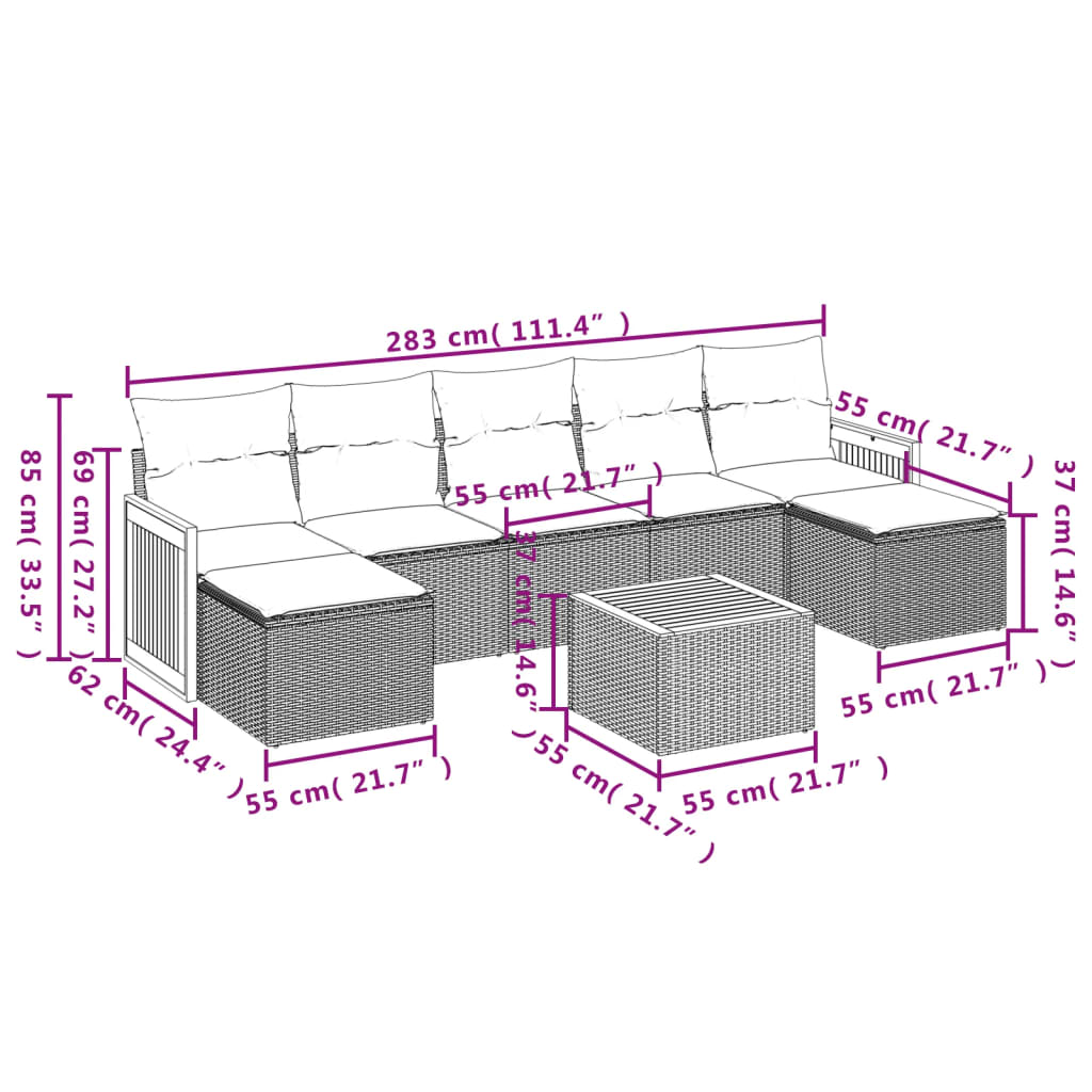 vidaXL 8-delige Loungeset met kussens poly rattan zwart afbeelding