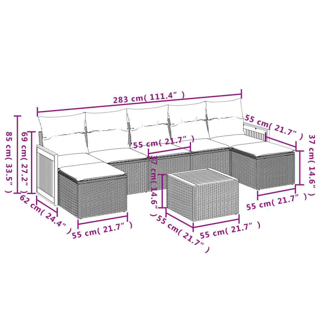 vidaXL 8-delige Loungeset met kussens poly rattan beige afbeelding