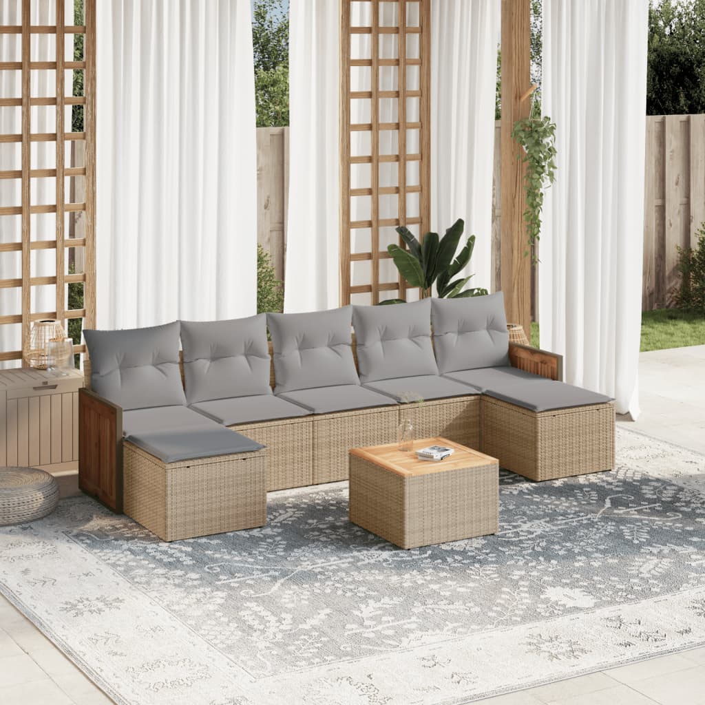 vidaXL 8-tlg. Garten-Sofagarnitur mit Kissen Beige Poly Rattan