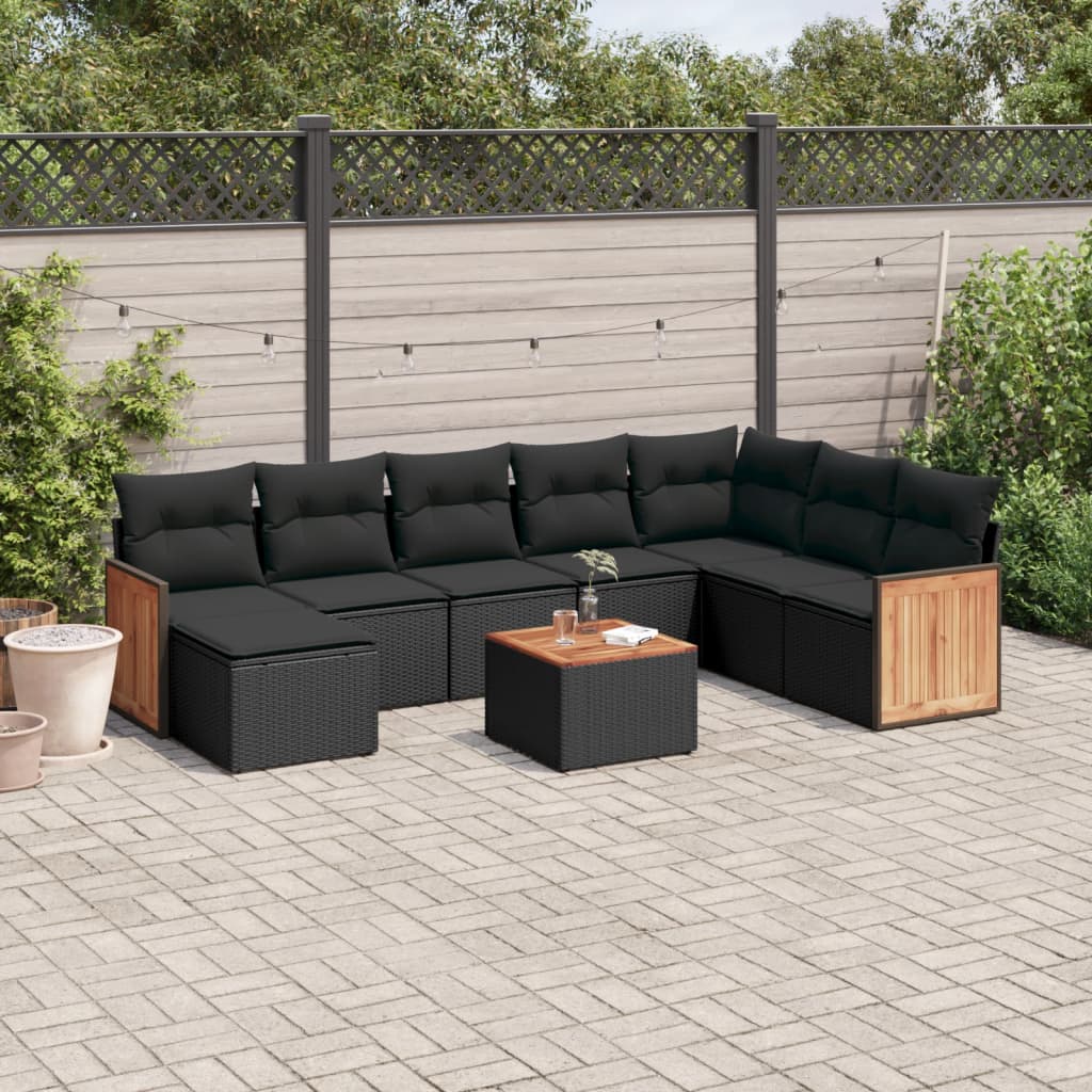 vidaXL 9-tlg. Garten-Sofagarnitur mit Kissen Schwarz Poly Rattan