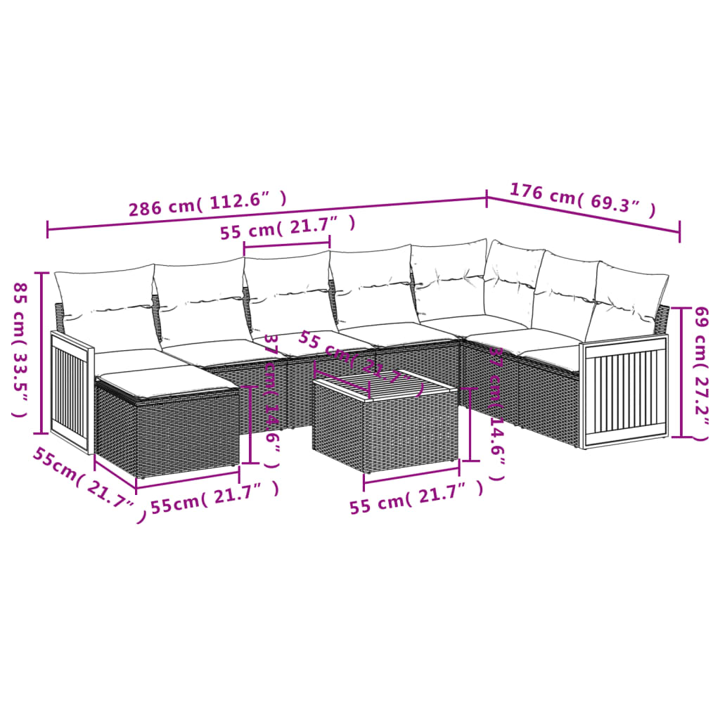 vidaXL 9-delige Loungeset met kussens poly rattan zwart afbeelding