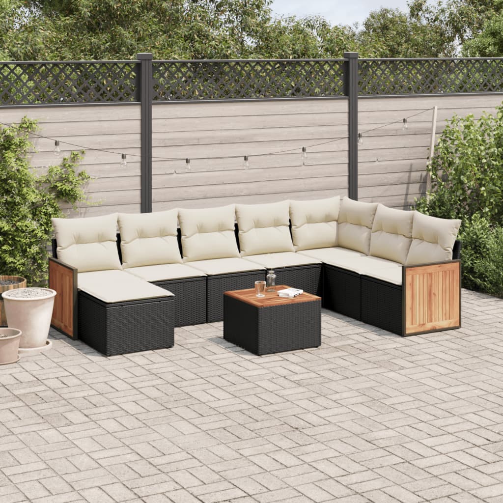 vidaXL 9-tlg. Garten-Sofagarnitur mit Kissen Schwarz Poly Rattan