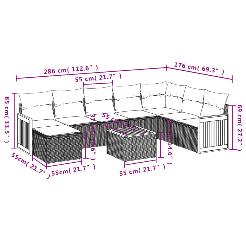 vidaXL 9-delige Loungeset met kussens poly rattan grijs afbeelding