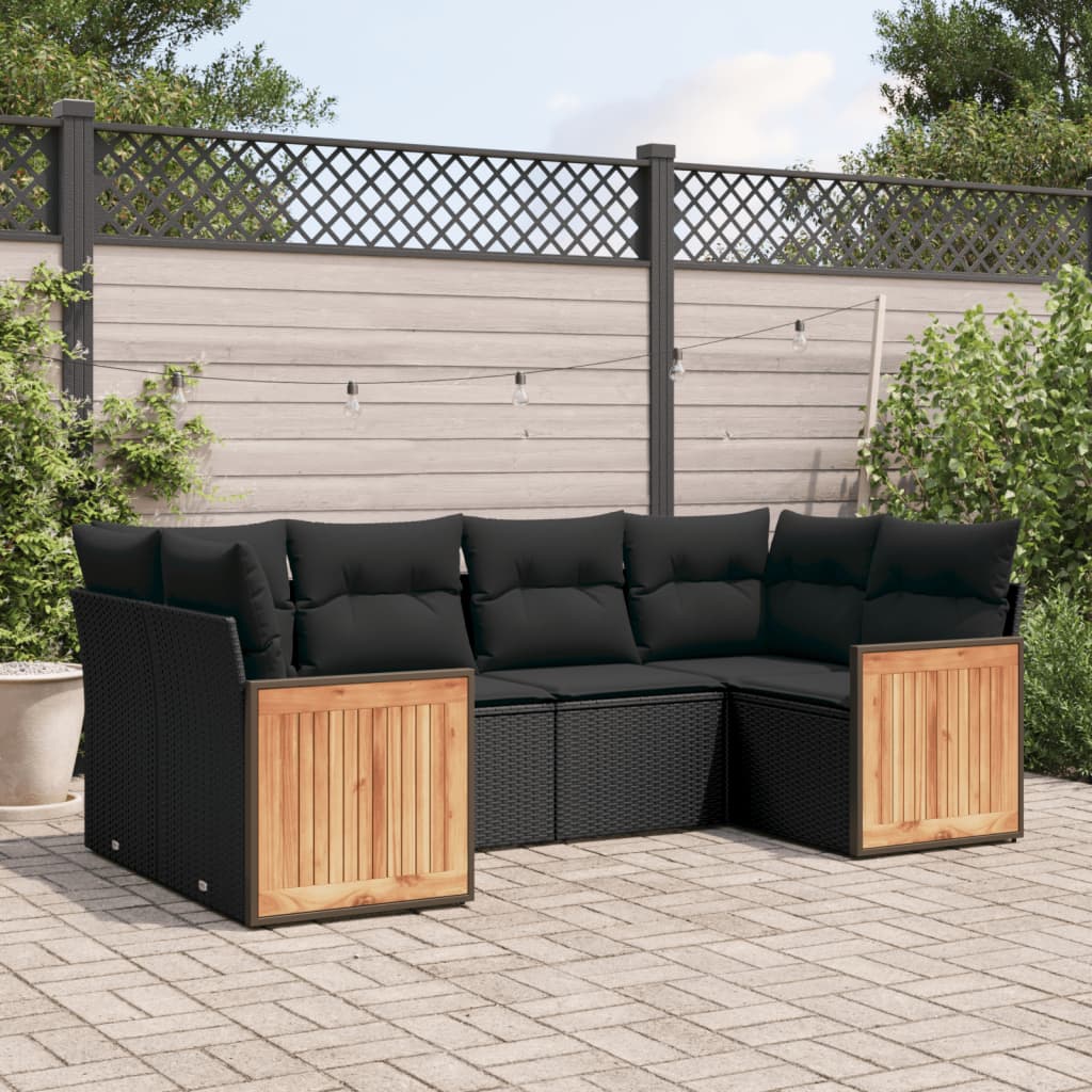 vidaXL 6-tlg. Garten-Sofagarnitur mit Kissen Schwarz Poly Rattan