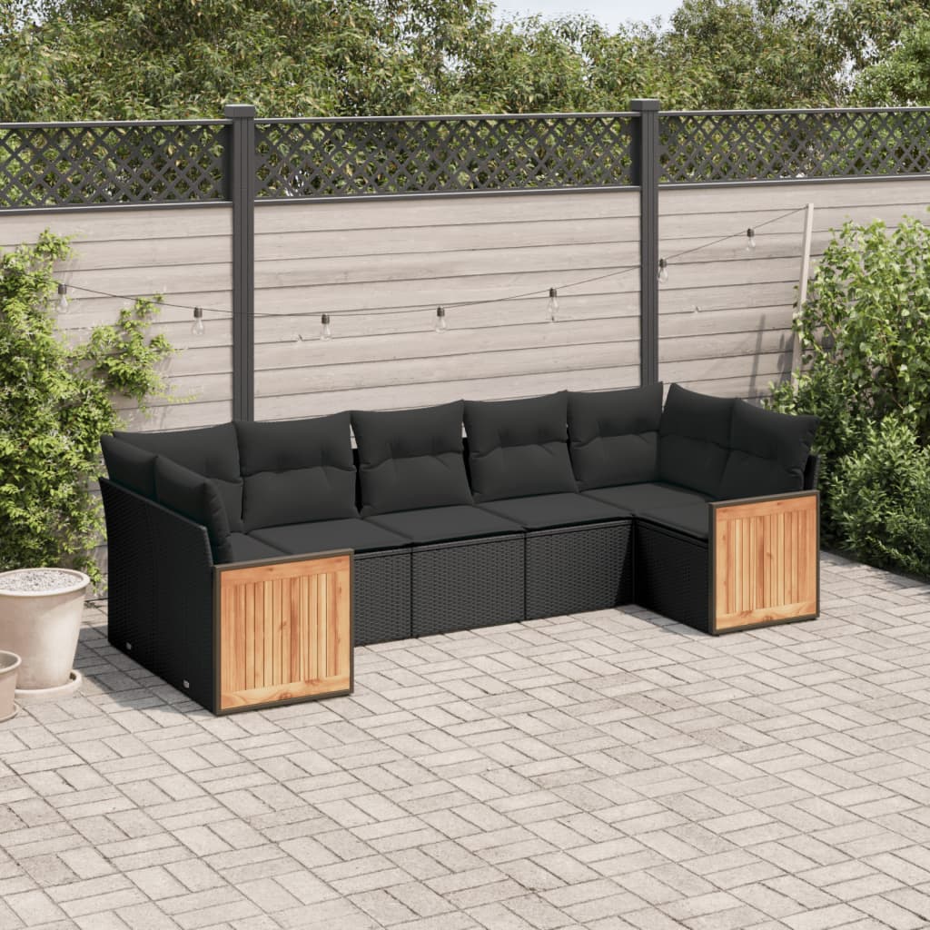 vidaXL 7-tlg. Garten-Sofagarnitur mit Kissen Schwarz Poly Rattan