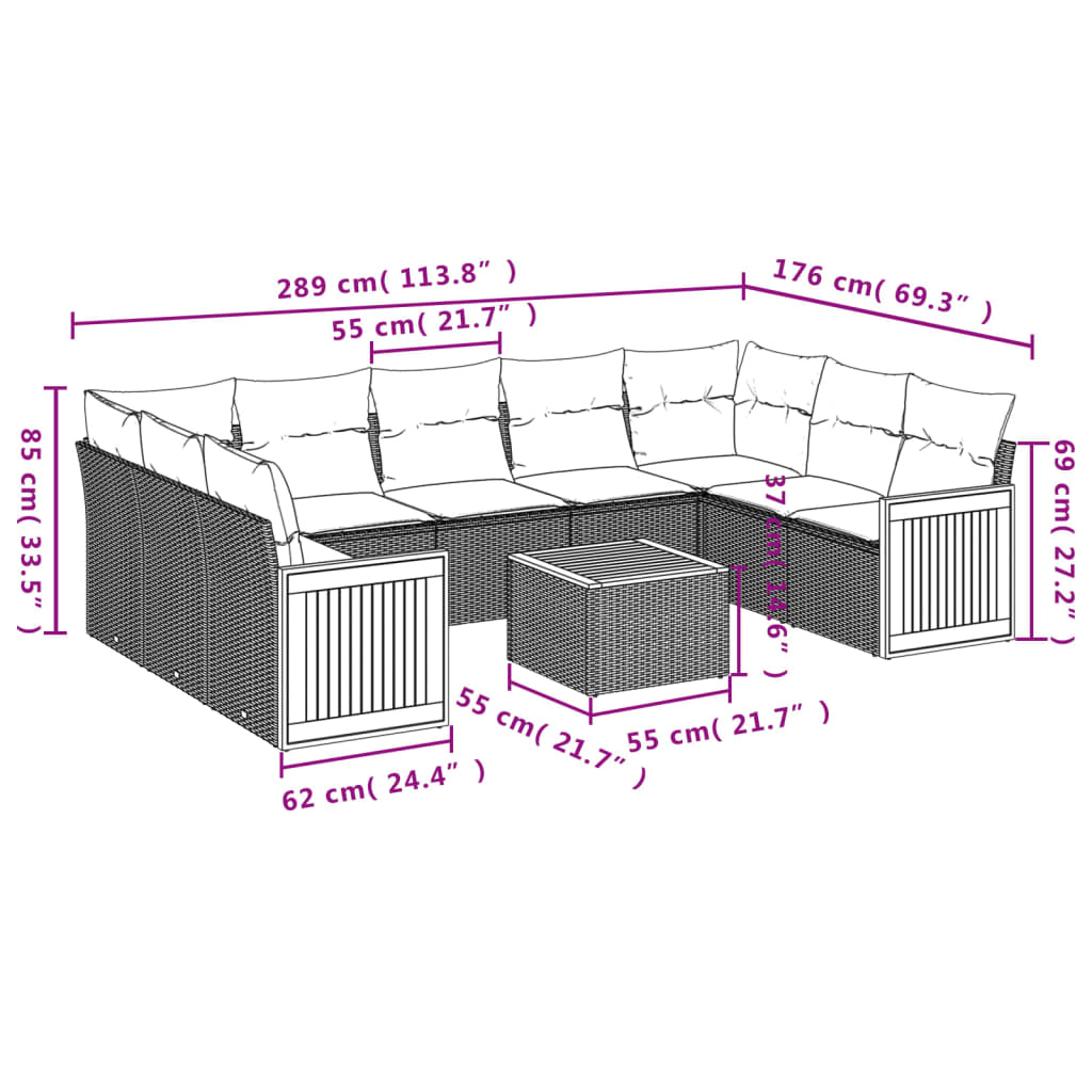 Set canapele de grădină cu perne, 10 piese, negru, poliratan 3260362 - imagine 3