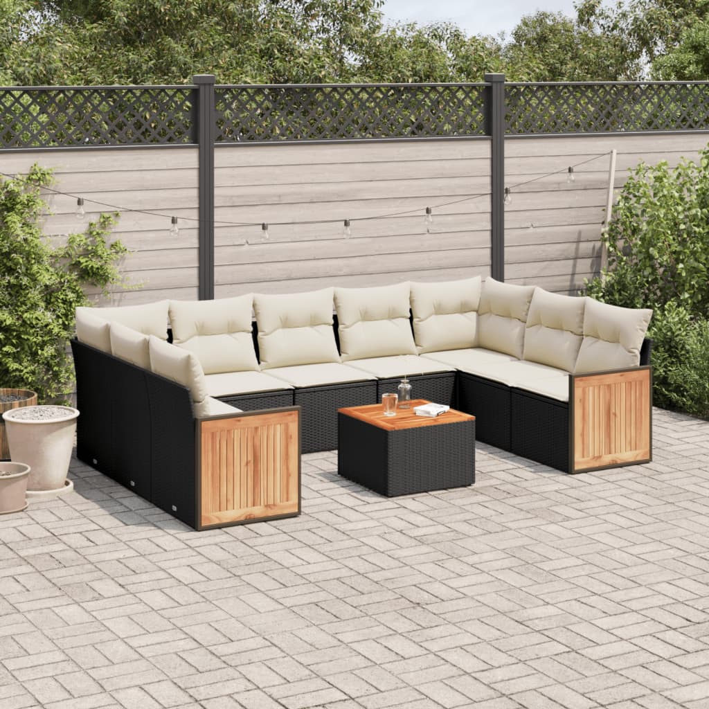 vidaXL 10-tlg. Garten-Sofagarnitur mit Kissen Schwarz Poly Rattan