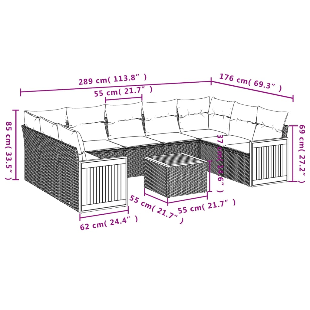 vidaXL 10-delige Loungeset met kussens poly rattan beige