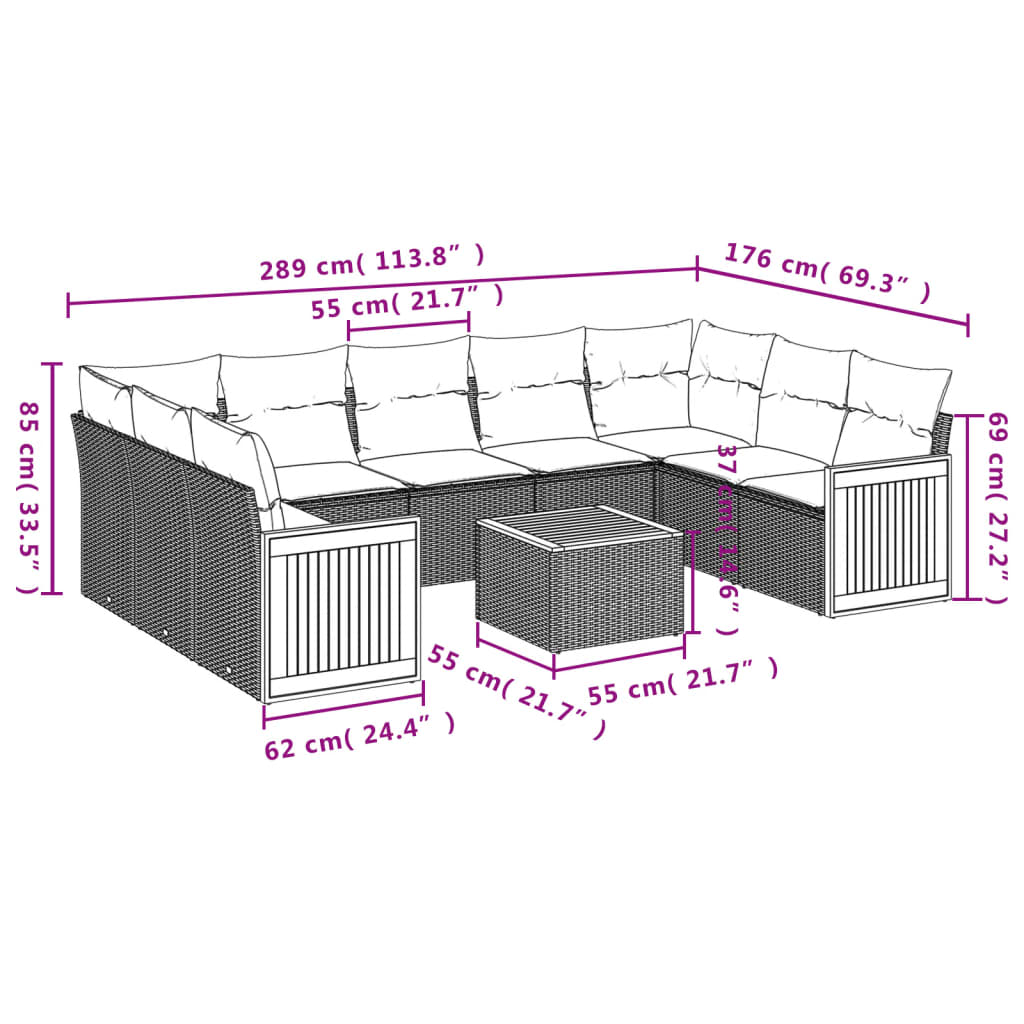 Set mobilier de grădină cu perne, 10 piese, gri, poliratan 3260366 - imagine 3