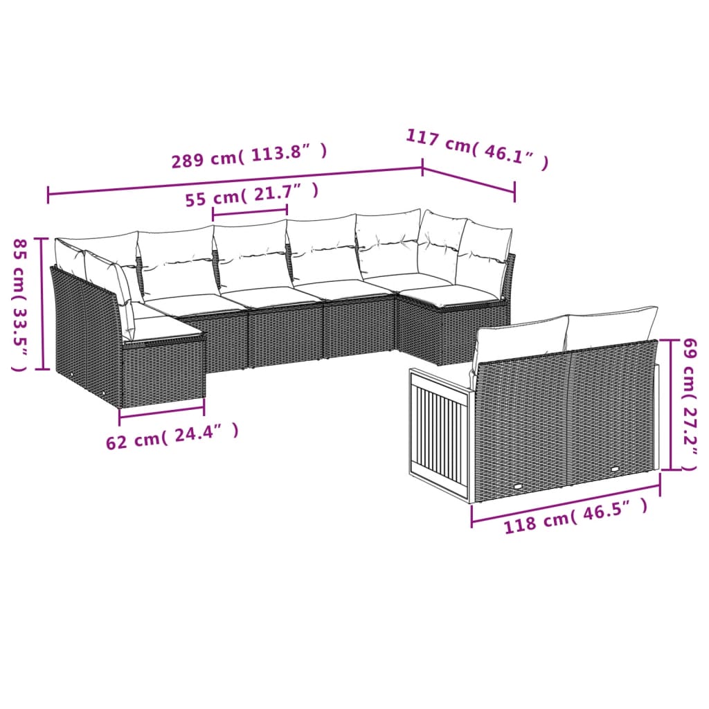 vidaXL 9-delige Loungeset met kussens poly rattan zwart afbeelding