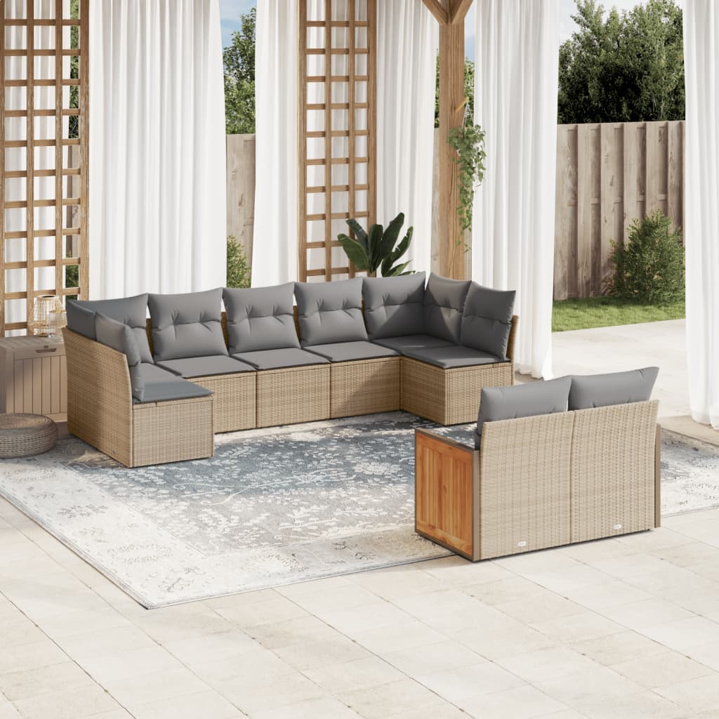 9-tlg. Garten-Sofagarnitur mit Kissen Beige Poly Rattan