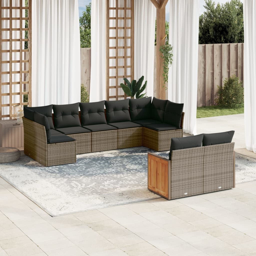 vidaXL 9 pcs conjunto sofás p/ jardim com almofadões vime PE cinzento