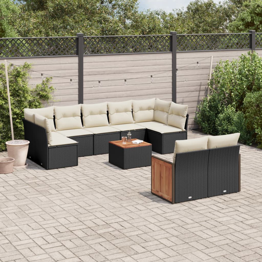 vidaXL 10-tlg. Garten-Sofagarnitur mit Kissen Schwarz Poly Rattan