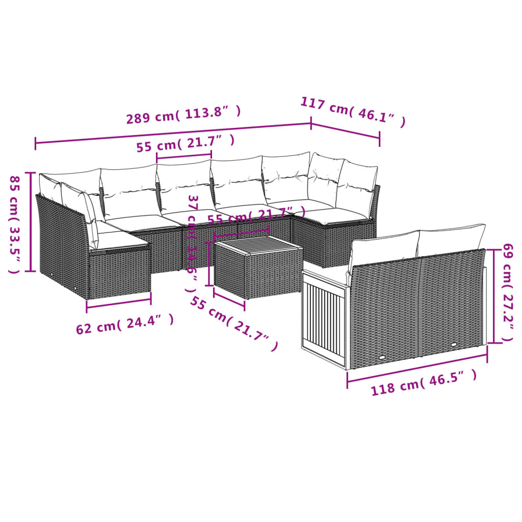 vidaXL 10-delige Loungeset met kussens poly rattan grijs afbeelding