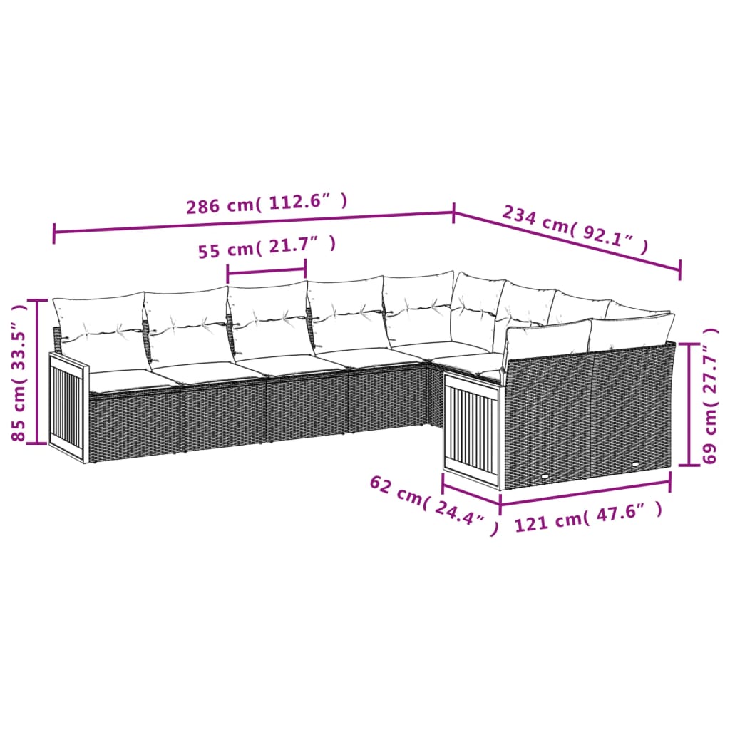 vidaXL 9-delige Loungeset met kussens poly rattan zwart afbeelding