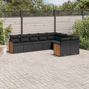 Vrtna sedežna garnitura 9-delna z blazinami črn poli ratan