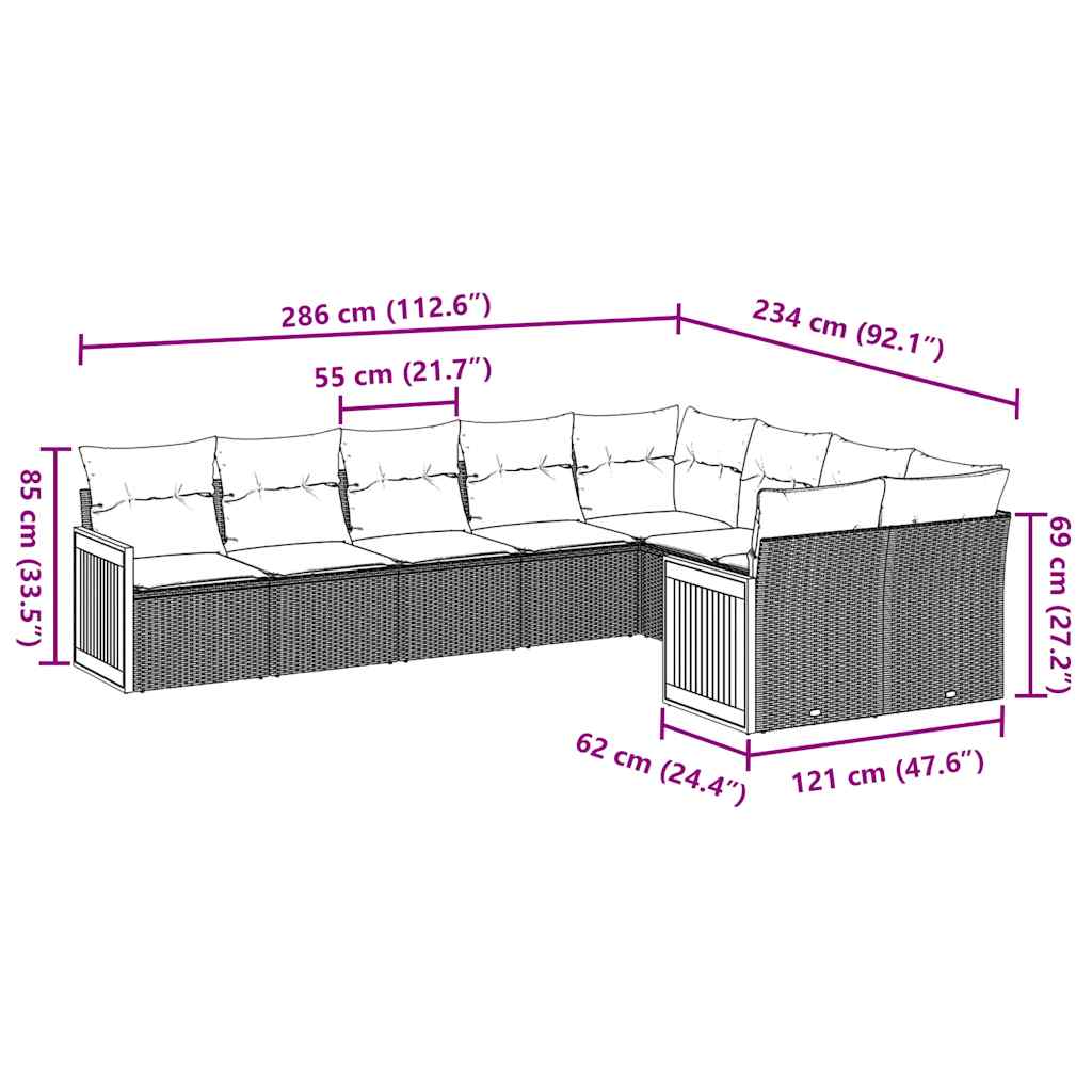 Set mobilier de grădină cu perne, 9 piese, negru, poliratan 3260383 - imagine 3