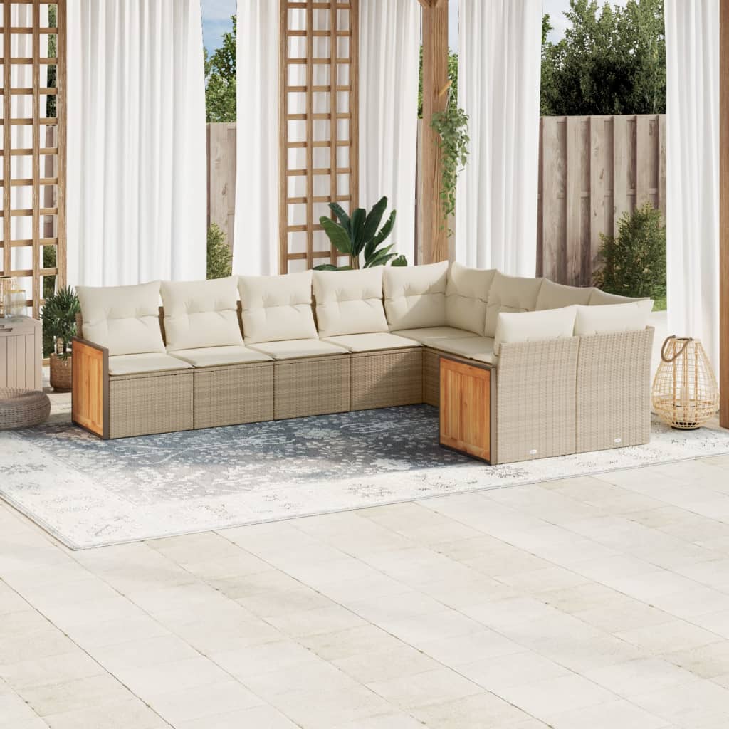 vidaXL 9-tlg. Garten-Sofagarnitur mit Kissen Beige Poly Rattan