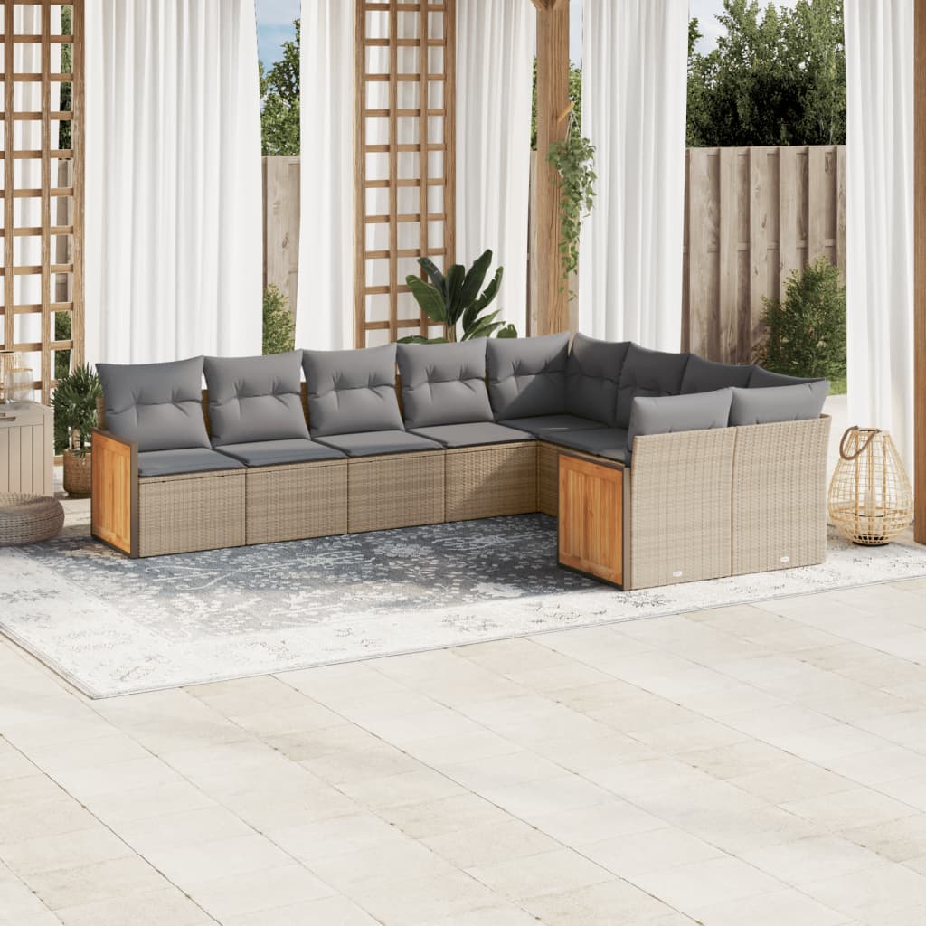 9-tlg. Garten-Sofagarnitur mit Kissen Beige Poly Rattan