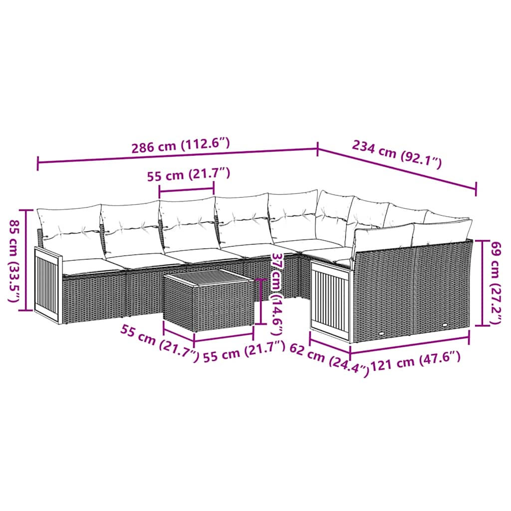 Set canapele de grădină cu perne, 10 piese, negru, poliratan 3260390 - imagine 3