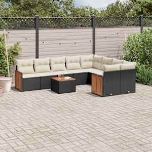 Vrtna sedežna garnitura 10-delna z blazinami črn poli ratan