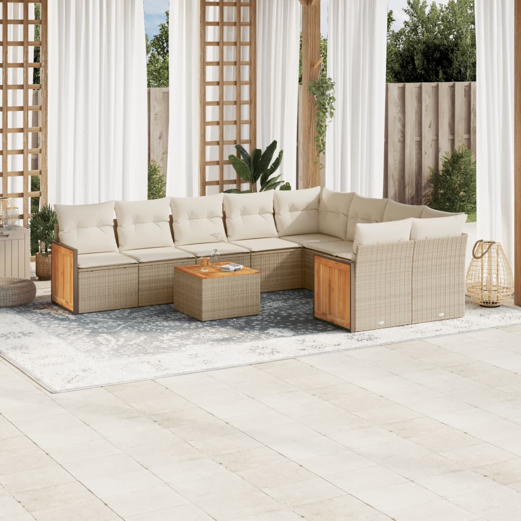 vidaXL 10-tlg. Garten-Sofagarnitur mit Kissen Beige Poly Rattan