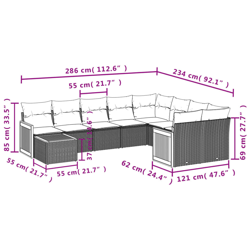 Set mobilier de grădină cu perne, 10 piese, gri, poliratan 3260401 - imagine 3