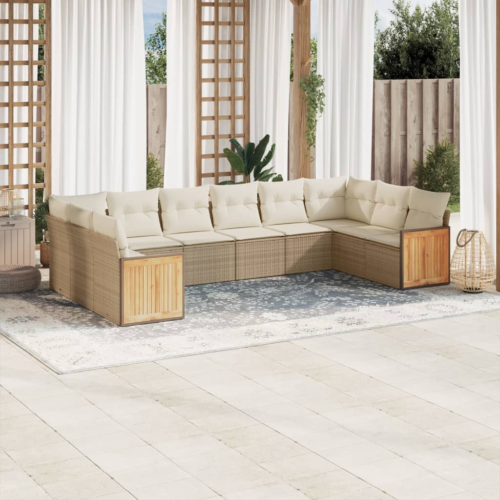 vidaXL 10-tlg. Garten-Sofagarnitur mit Kissen Beige Poly Rattan